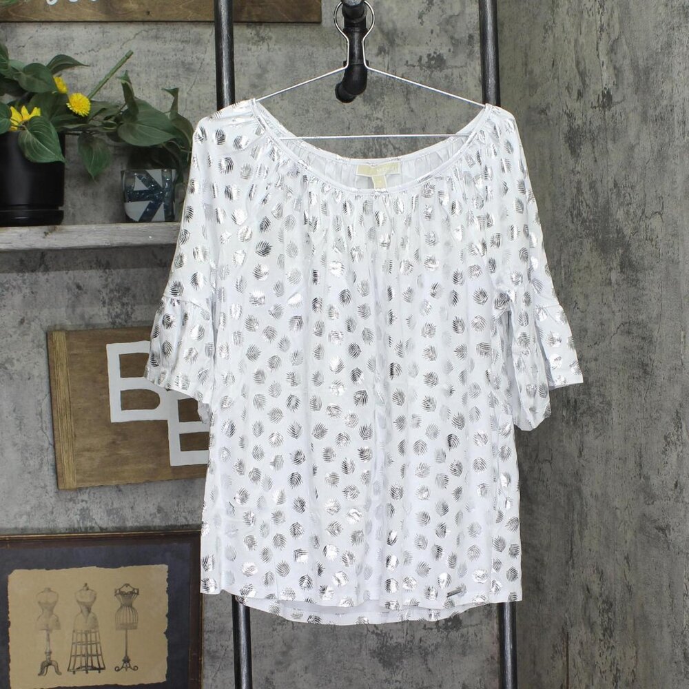 NWT Michael Michael Kors Plus Size Metallic-Print Flare-Sleeve Top White 1X - Picture 2 of 9